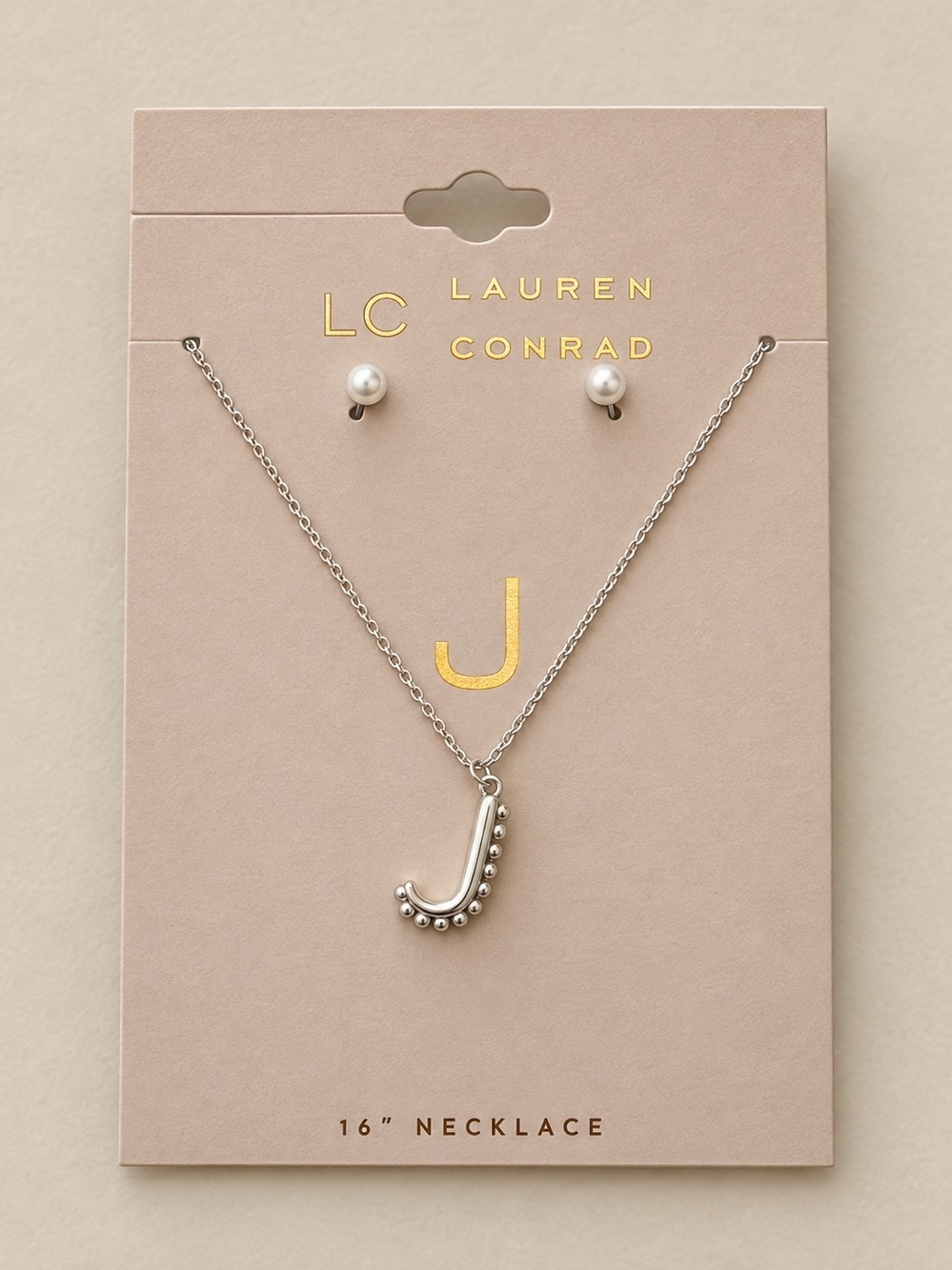 LC Lauren Conrad Initial J Silver-tone Necklace Faux Pearl Earring Set16” Dainty